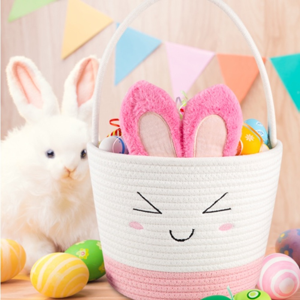 Charming Pink‎ and White Bunny Ears Kids Basket Easter Bunny Basket